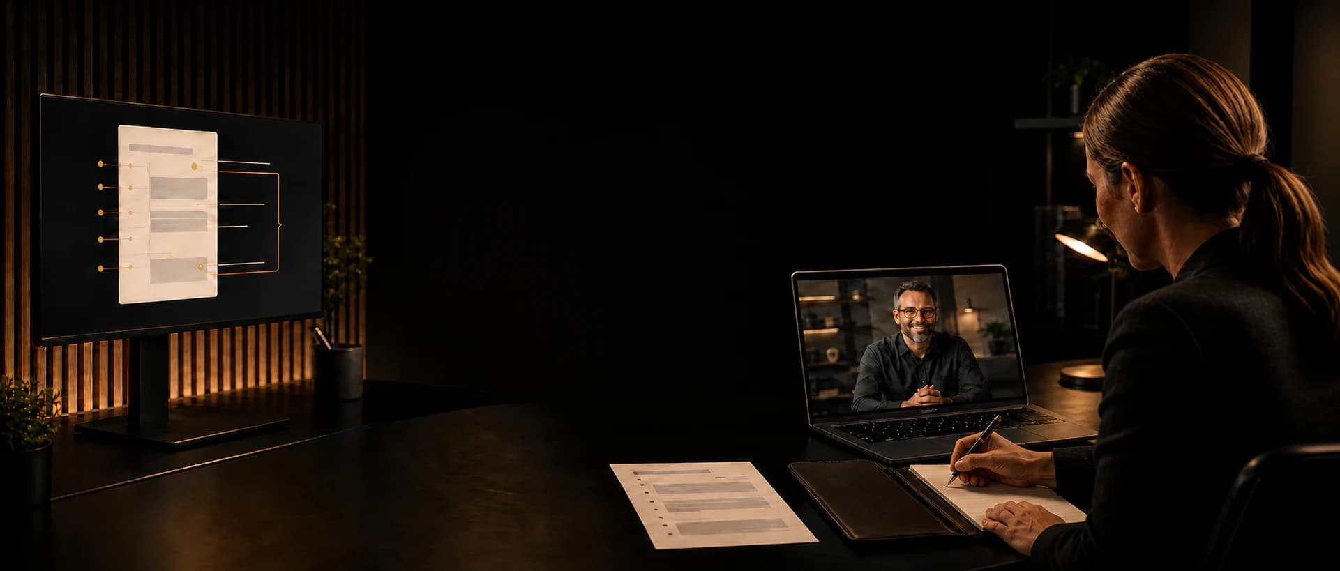 A client taking notes during a video coaching session, an ATS-ready resume on the screen beside her.